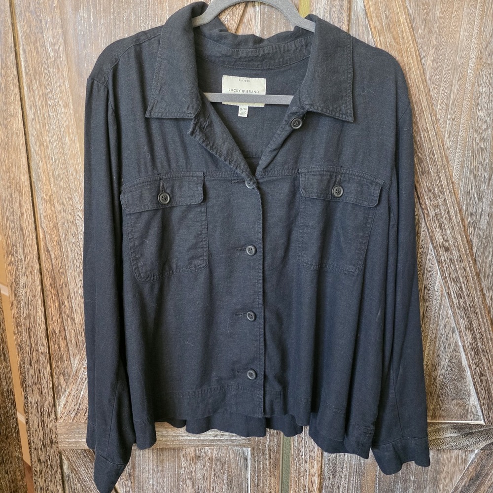 Lucky Brand Jacket Womens XL Navy Blue Linen Blend Button Up Casual Lightweight‎